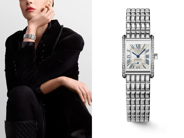 Mini Dolcevita迷你多情系列羅馬fliniqué飾紋面盤搭配不鏽鋼鑲鑽腕錶，13萬1300元。品牌提供