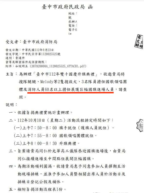 台中市民政局函文請消防局支援人力。黃守達服務處提供