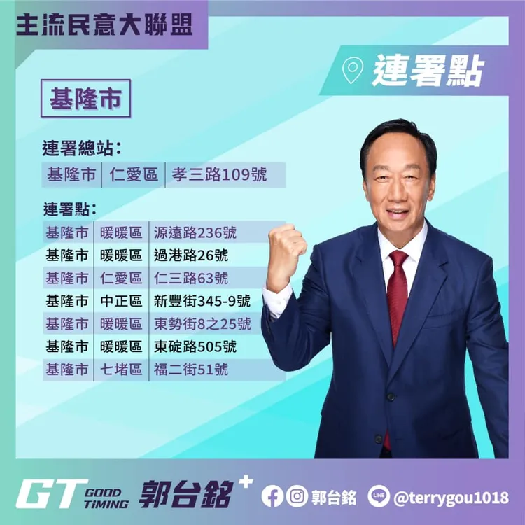 郭台銘在基隆也有連署站。郭台銘臉書