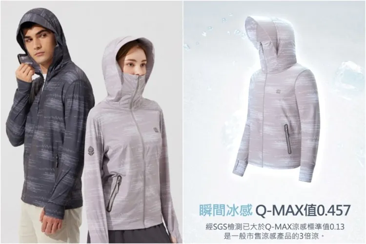 ▲ONE BOY透氣機能黑膠帽簷冰鋒衣，Q MAX-0.457涼感指數最高級，為一般市售冰鋒衣的三倍。