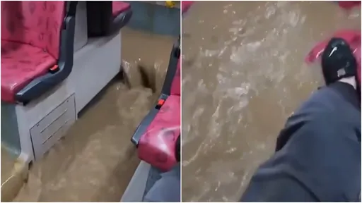 「黑色暴雨」公車內淹水!他雙腿撐在兩椅間狂抖 波浪進逼影片瘋傳