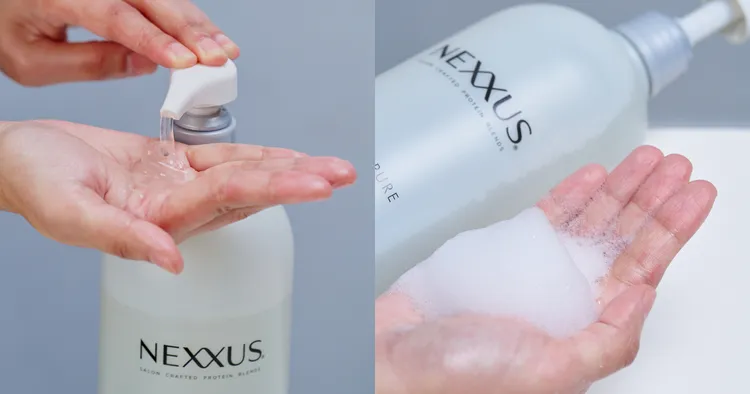 ▲「Nexxus深層純淨洗髮精」質地輕盈，泡沫也十分綿密，只要按壓一下就能洗整顆頭。