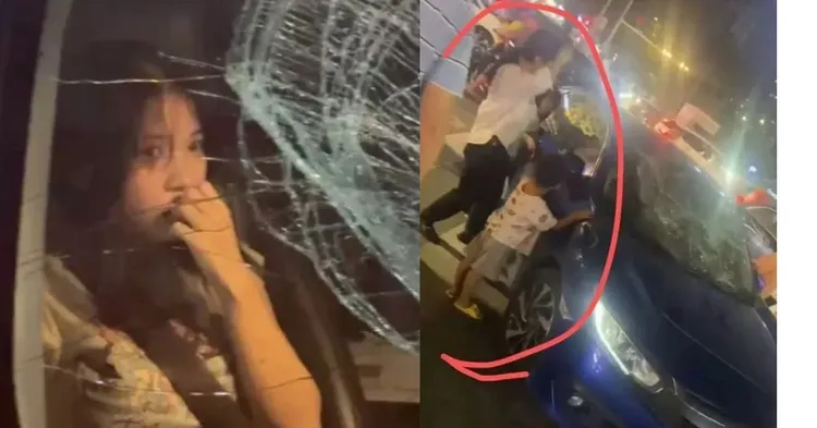 男方家人當街抓姦砸車（右圖），小三在仙氣中流露出驚恐，在驚恐中不失仙氣飄盪（左圖）。翻攝微博/廣東吃瓜新聞