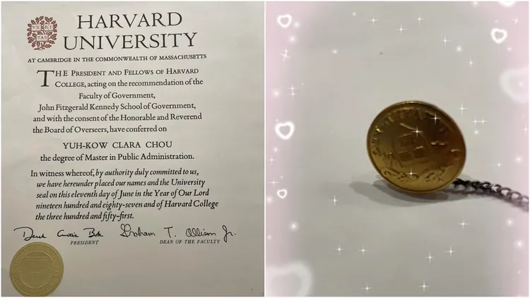 周玉蔻貼出自己的哈佛碩士畢業證書及校友會終身會員純金徽章。翻攝自周玉蔻臉書