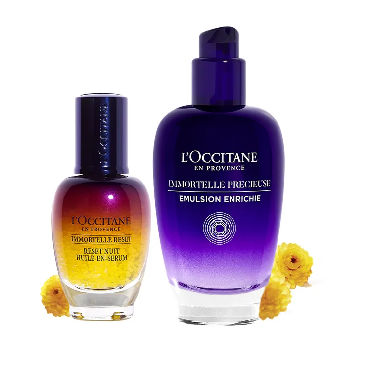 【微風南京】獨家法國知名天然護膚品牌歐舒丹（L'Occitane）蠟菊保濕封存組-光萃肌活露30ml+蠟菊精華彈力機能乳75ml，原價5,450元，特價4,080元。