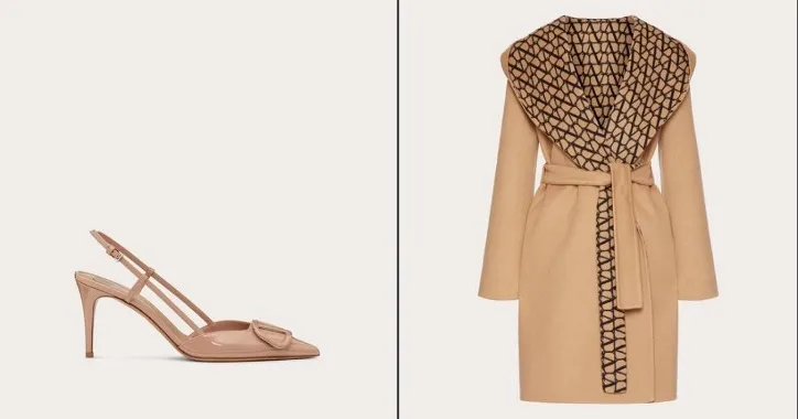 VLOGO SIGNATURE高級漆皮高跟鞋43,200元。Valentino時尚V領長大衣204,000元。