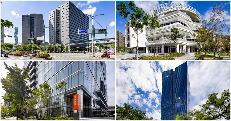 新莊副都心行政院新莊聯合辦公大樓（右上）、國家電影文化中心（左上）等國家級建設陸續到位，帶動企業集團前仆後繼湧入，宏匯廣場（左下）、宏匯i－Tower雲端科技大樓（右下）等A級商辦大樓林立。