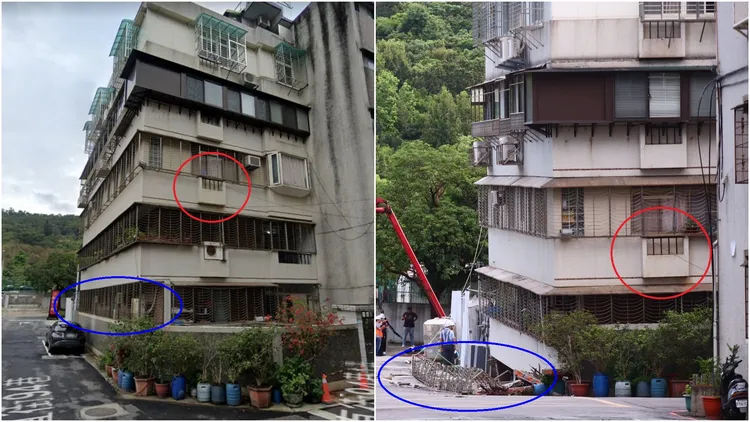 大直街94巷民宅下陷，整棟下沉歪斜，從三樓窗台(紅圈處)的對比可以發現，三樓變二樓，一樓則下沉到地下室消失，原本一樓的鐵窗(藍圈處)責備擠壓到大樓旁道路上扭曲變樣。彭欣偉攝