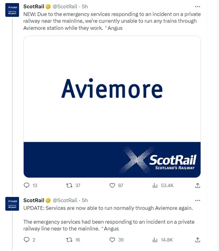 蘇格蘭鐵路公司在社群平台公告其服務一度受到影響。翻攝X平台