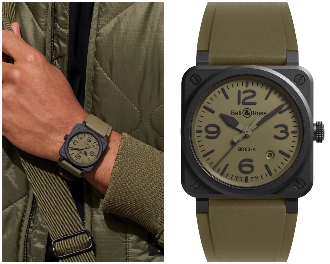 BR 03 Military Ceramic，41mm，微噴砂黑色陶瓷錶殼，卡其色橡膠與超強韌黑色合成織布錶帶，BR-CAL.302自動機芯，54小時動力儲存，14萬2000元。品牌提供