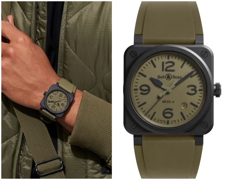 BR 03 Military Ceramic，41mm，微噴砂黑色陶瓷錶殼，卡其色橡膠與超強韌黑色合成織布錶帶，BR-CAL.302自動機芯，54小時動力儲存，14萬2000元。品牌提供