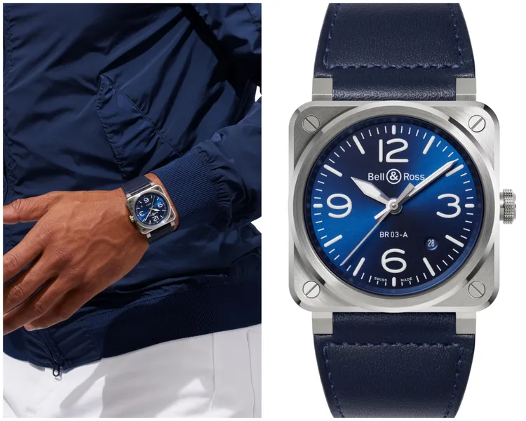 BR 03 Blue Steel，41mm，緞面拋光不鏽鋼錶殼，藍色小牛皮與超強韌黑色合成織布錶帶，BR-CAL.302自動機芯，54小時動力儲存，11萬7000元。品牌提供。