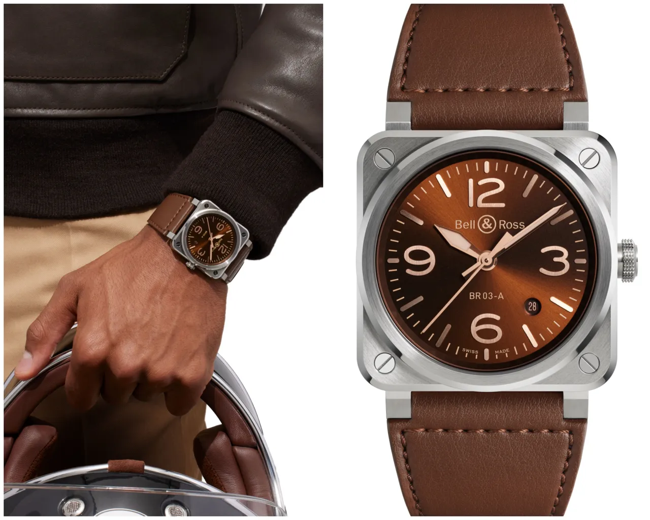 BR 03 Golden Heritage，41mm，緞面拋光不鏽鋼錶殼，棕色小牛皮與超強韌黑色合成織布錶帶，BR-CAL.302自動機芯，54小時動力儲存，12萬6000元。品牌提供。