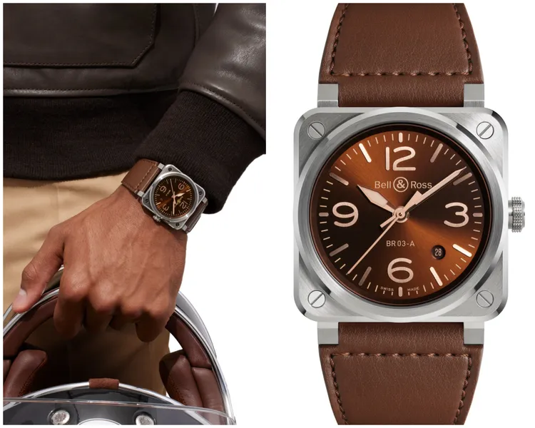 BR 03 Golden Heritage，41mm，緞面拋光不鏽鋼錶殼，棕色小牛皮與超強韌黑色合成織布錶帶，BR-CAL.302自動機芯，54小時動力儲存，12萬6000元。品牌提供。