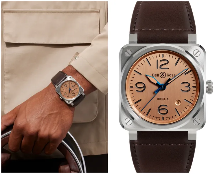 BR 03 Copperl，41mm，緞面拋光不鏽鋼錶殼，棕色小牛皮與超強韌黑色合成織布錶帶，BR-CAL.302自動機芯，54小時動力儲存，12萬6000元。品牌提供。