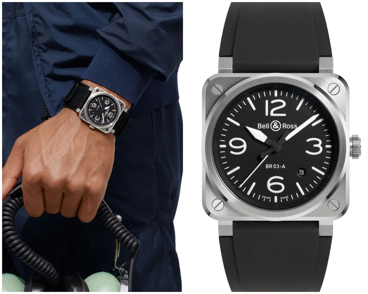 BR 03 Black Steel，41mm，緞面拋光不鏽鋼錶殼，黑色橡膠與超強韌黑色合成織布錶帶，BR-CAL.302自動機芯，54小時動力儲存，11萬7000元。品牌提供。