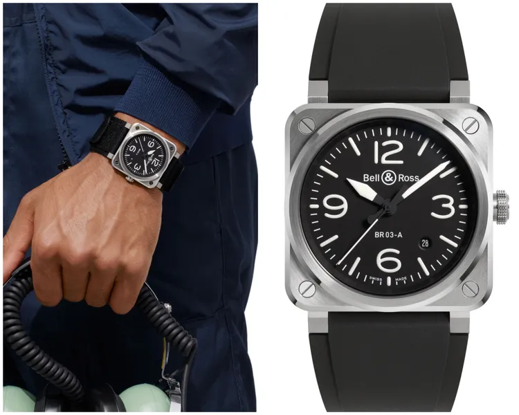 BR 03 Black Steel，41mm，緞面拋光不鏽鋼錶殼，黑色橡膠與超強韌黑色合成織布錶帶，BR-CAL.302自動機芯，54小時動力儲存，11萬7000元。品牌提供。