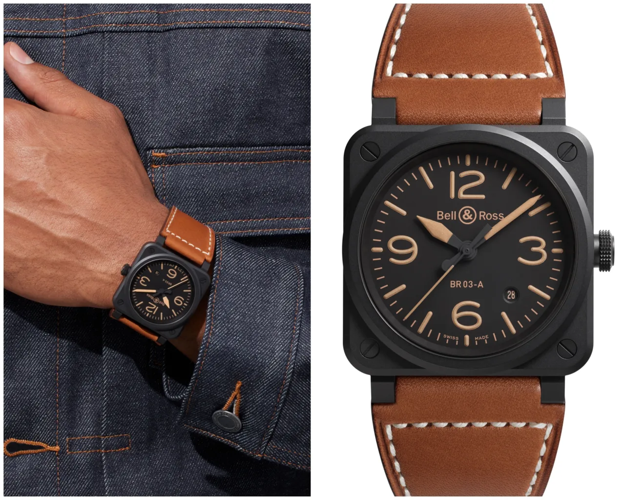 BR 03 Heritage，41mm，微噴砂黑色陶瓷錶殼，棕色小牛皮與超強韌黑色合成帆布錶帶，BR-CAL.302自動機芯，54小時動力儲存，13萬9000元。品牌提供