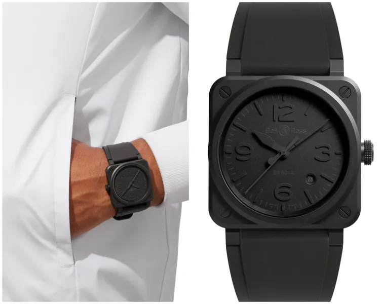 BR 03 Phantom，41mm，微噴砂黑色陶瓷錶殼，黑色橡膠與超強韌黑色合成織布錶帶，BR-CAL.302自動機芯，54小時動力儲存，14萬2000元。品牌提供