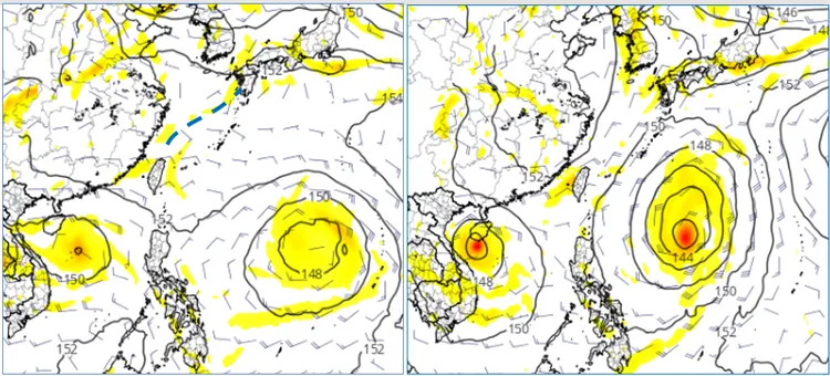 最新(24日20時)歐洲(ECMWF)模式模擬顯示，「中秋連假」〔29日(左圖)至1日(右圖)〕南海及菲律賓東方海面各有熱帶擾動發展，29日20時北部海面有微弱鋒面。(圖擷自tropical tidbits)取自氣象應用推廣基金會