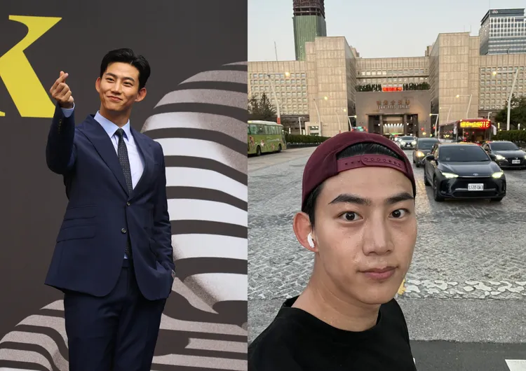 玉澤演（左圖）3月時來台參加活動，還抽空到信義區慢跑，站在台北市政府前打卡。彭欣偉攝、翻攝玉澤演推特