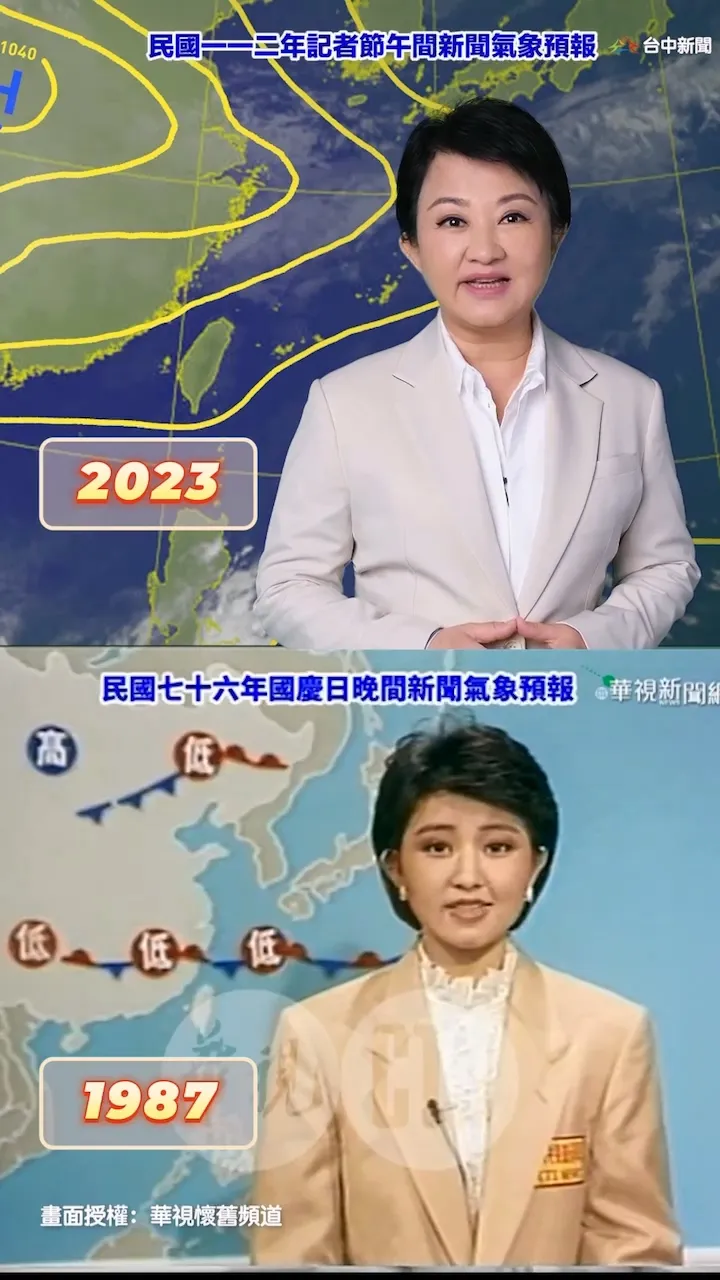 盧秀燕粉墨登場播報台中市天氣，回味自己30多年前播任氣象主播的回憶。翻攝盧秀燕臉書
