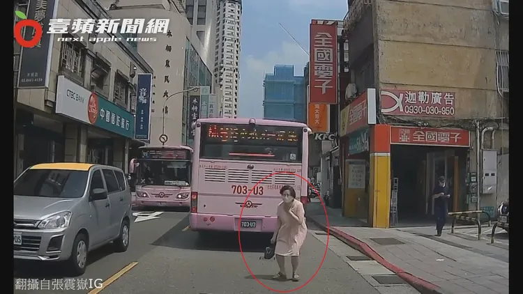 被張震嶽喇叭聲嚇到的大嬸停下腳步、以手撫胸，然後緩緩退回右側人行道。翻攝自張震嶽IG