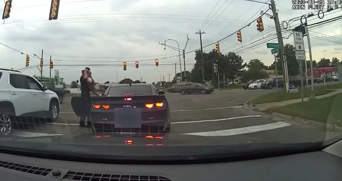 费瑟拦下超速车，将宝宝抱出车外。翻摄警方画面