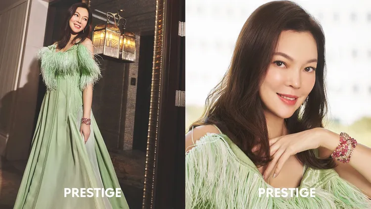 曾馨瑩穿上BOTTEGA VENETA綠色羽毛多層次洋裝。翻攝prestigetaiwan IG