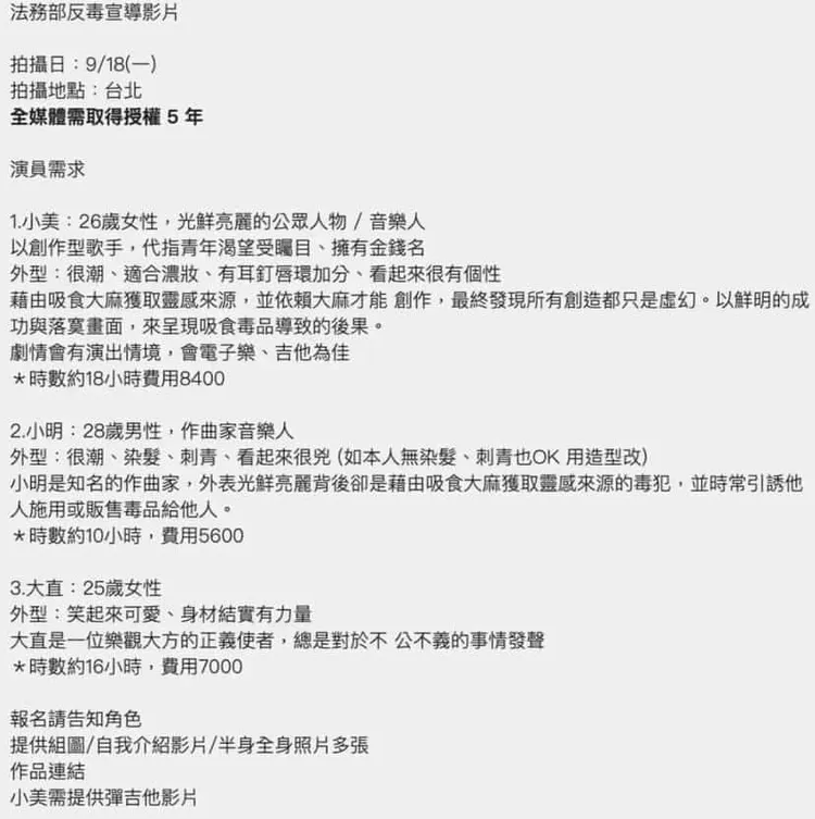 反毒影片角色徵求「刺青作曲家」。取自謝和弦臉書。