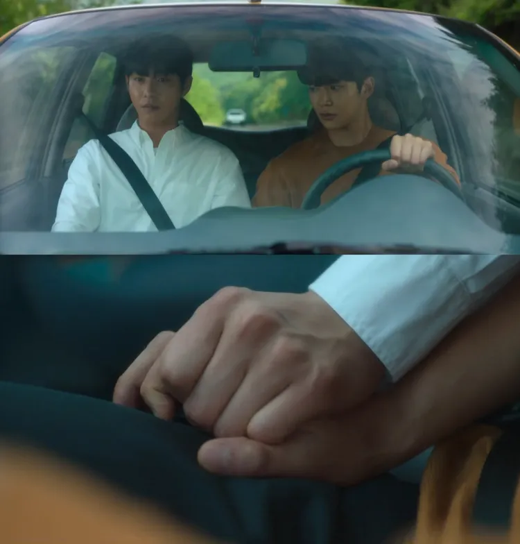安孝燮（左）、路雲劇中開車出遊，車上牽手確認心意，卻發生死亡車禍。翻攝Netflix