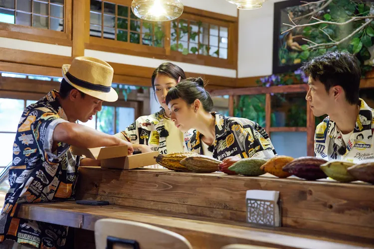 柯有倫（左起）、大霈、黃湘婷、江宏傑為可可禮盒付出全心全意。客家電視台與LINE TV提供