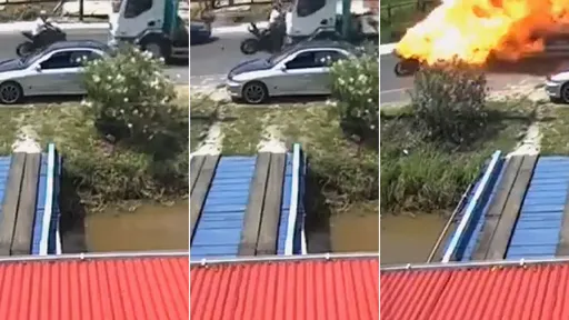 驚悚影片|逆向超車對撞卡車 騎士「炸成火球」摔回原點慘死