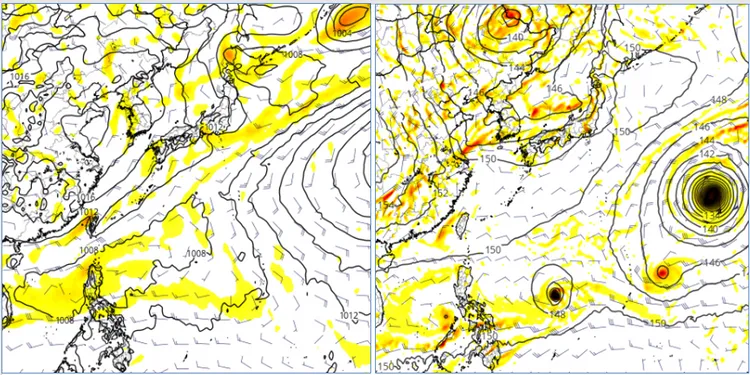 最新(18日20時)歐洲(ECMWF左圖)及美國(GFS右圖)模式，28日20時模擬圖顯示，「西北太平洋」有多個熱帶擾動活動的跡象，但各模式所模擬的生成時間及位置不斷調整，其強度差異亦不小，需持續觀察。翻攝「三立準氣象·老大洩天機」專欄(圖擷自tropical tidbits)