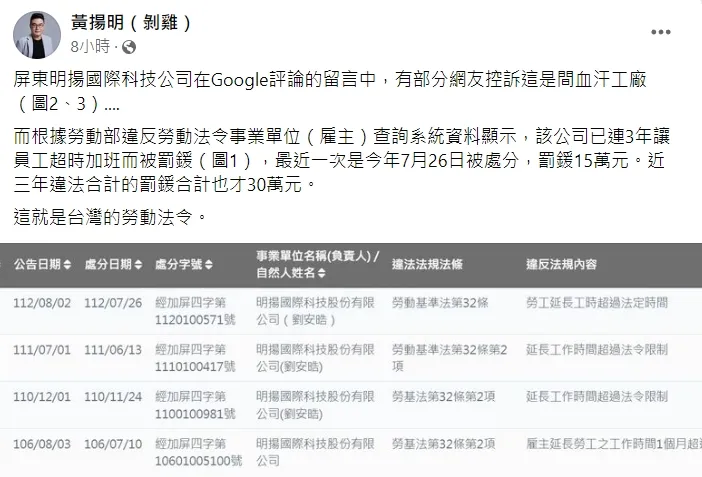 黃揚明透露，明揚國際科技公司連3年因員工加班問題遭裁罰。翻攝自黃揚明臉書
