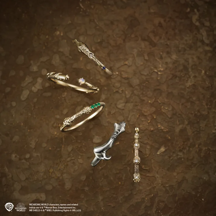 魔法杖系列榮恩戒指1萬5000元（上起）、妙麗戒指1萬5000元、哈利波特戒指1萬5000元、鄧不利多戒指2萬600元、佛地魔戒指9400元。品牌提供