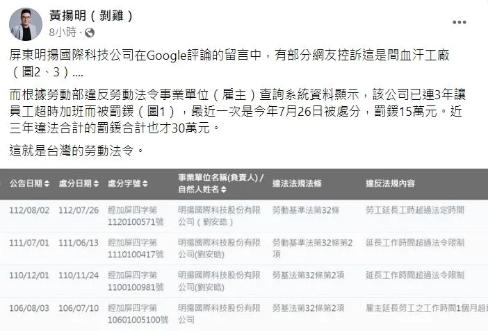黃揚明先前透露，明揚國際科技公司連3年因員工加班問題遭裁罰。翻攝自黃揚明臉書