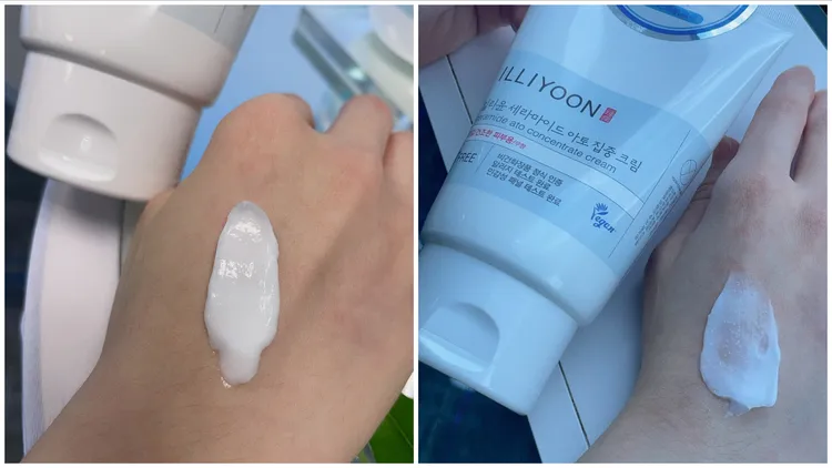 一理潤神經醯胺舒敏集中修護霜抹開可見到專利技術神經醯胺複合膠囊顆粒。張家玲攝