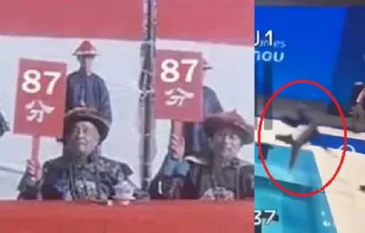 87分不能再高了！亞運泳池裁判搶鏡　「腳麻」摔進泳池中