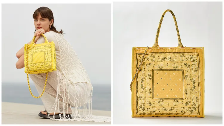 異域檸黃小型鍊帶壓紋托特包1萬1800元、異域檸黃大型鍊帶壓紋托特包1萬2800元。品牌提供
