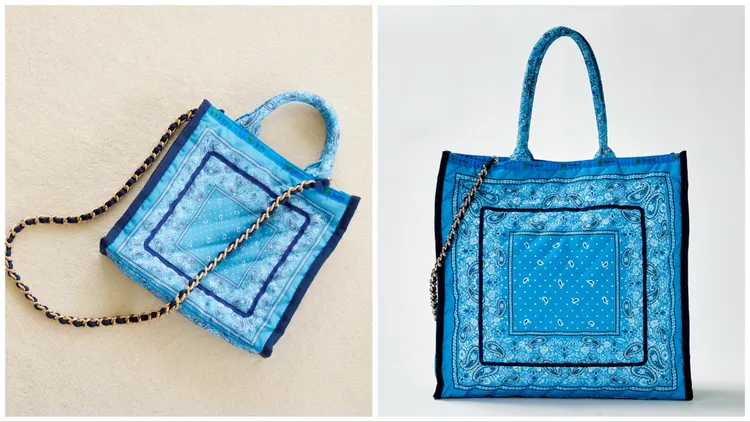 異域天藍小型鍊帶壓紋托特包1萬1800元、異域天藍大型鍊帶壓紋托特包1萬2800元。品牌提供