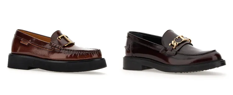 (左起)Tod's 咖啡色T Timeless輕量樂福鞋（NT$31,900），Tod's 酒紅色飾釦樂福鞋（NT$29,500）