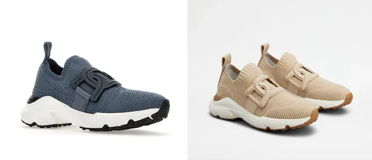 (左起)Tod's 藍色針織Kate飾釦休閒鞋（NT$29,500），Tod's 米色針織刺繡Kate飾釦休閒鞋（NT$29,500）