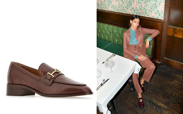 Tod's 褐色T Ring飾釦低跟樂福鞋（NT$32,100）