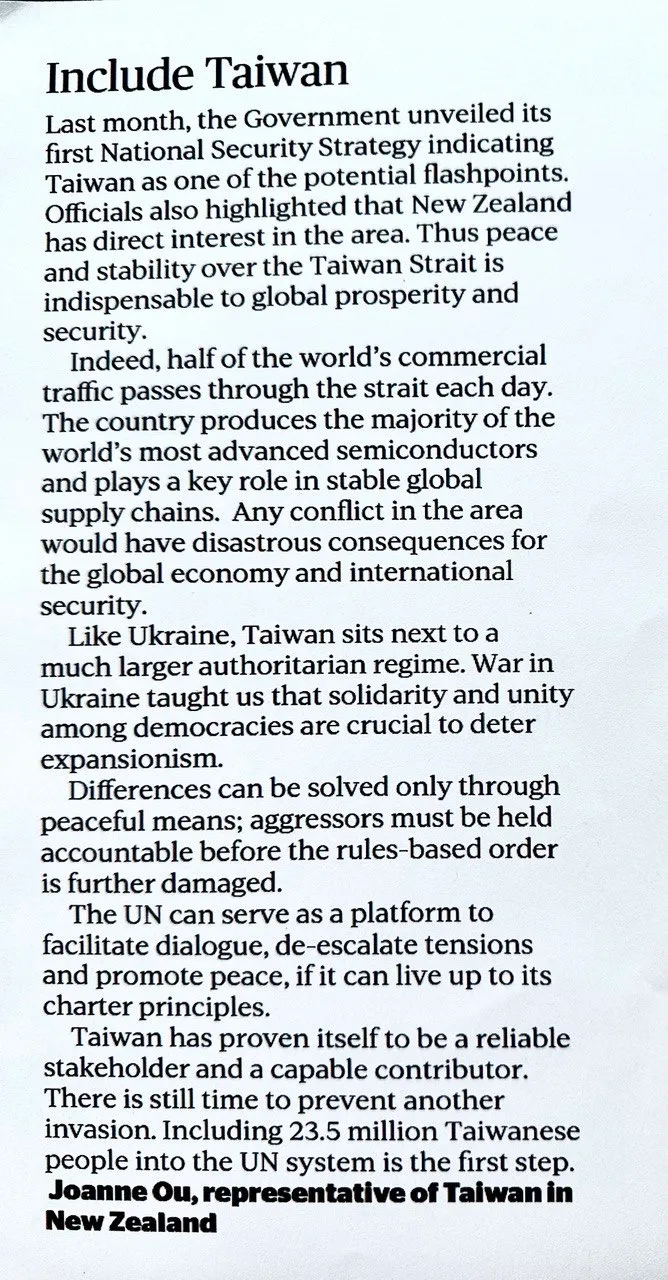 歐江安投書紐西蘭媒體。駐紐代表處提供