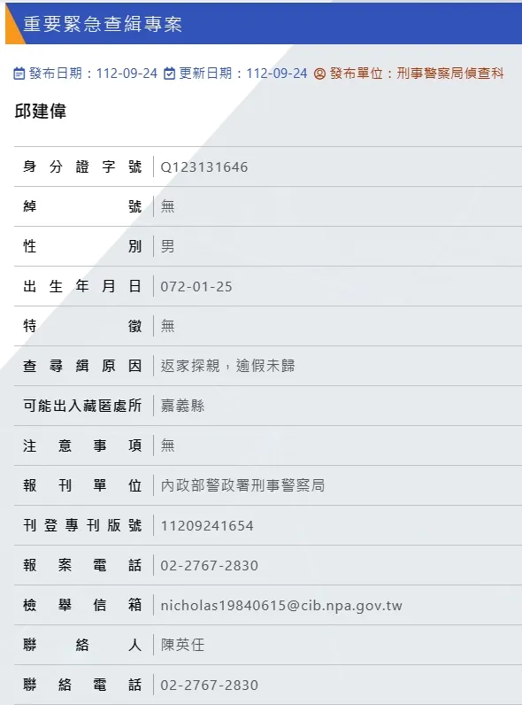 嘉義看守所人犯跑了！照片曝光。翻攝刑事局