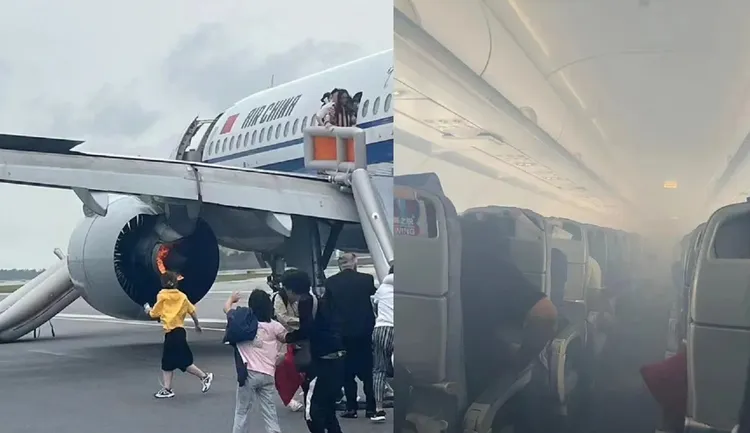 航班引擎起火，機上座艙濃煙四布。翻攝微博/新浪新聞
