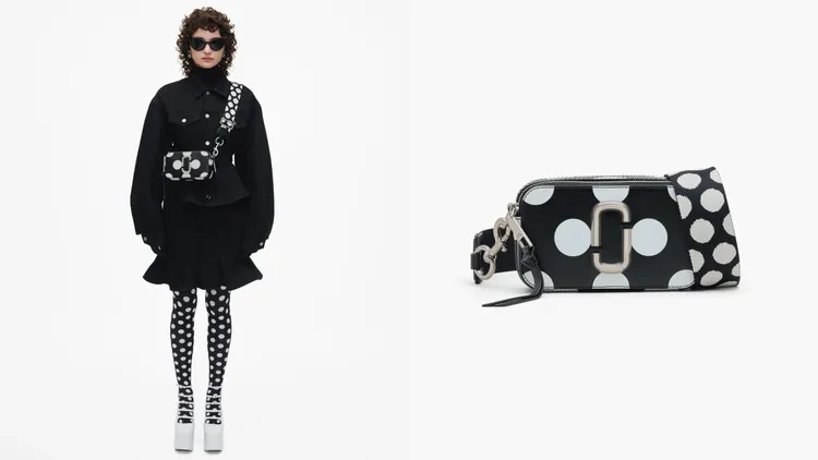 MJ新光三越台北信義新天地A8概念店獨賣的黑白圓點壓紋皮革迷你包袱包，1萬5900元。品牌提供