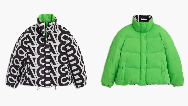 電光綠雙面圖紋尼龍羽絨外套，5萬2900元。品牌提供