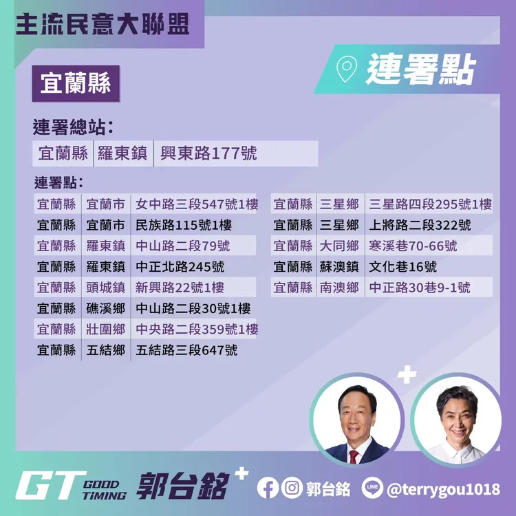 宜蘭連署站點。翻攝自郭台銘臉書